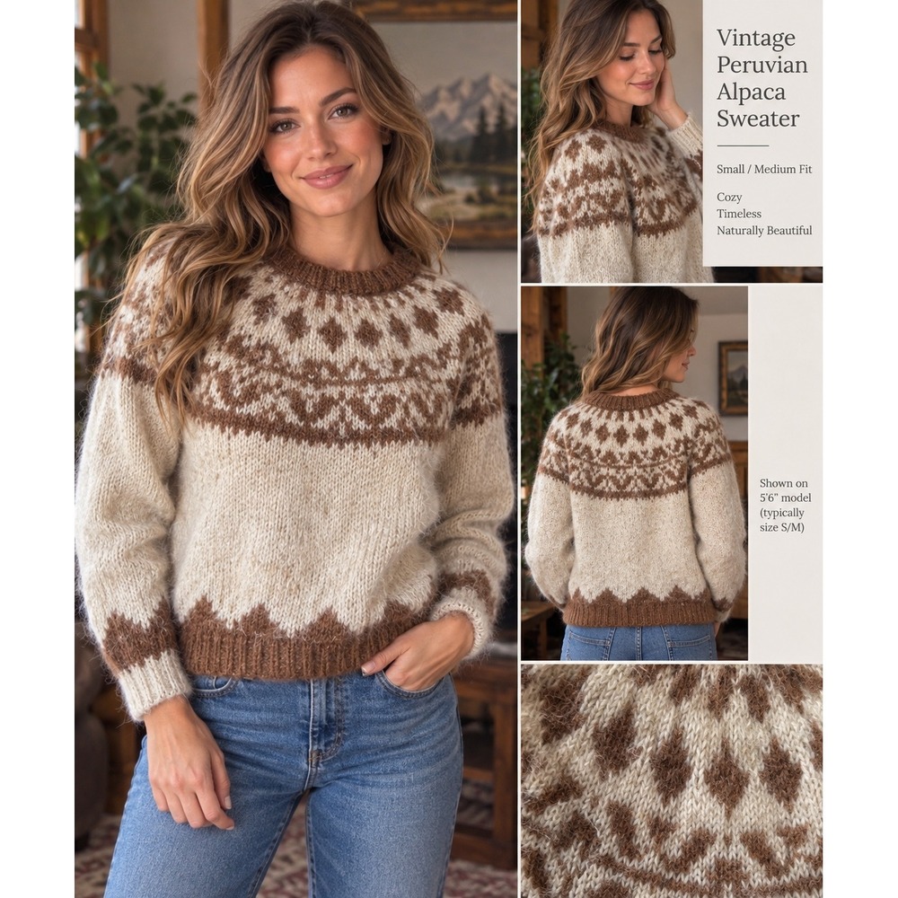Vintage Peruvian Alpaca Wool Sweater Handcrafted Fair Isle Knit Brown Small